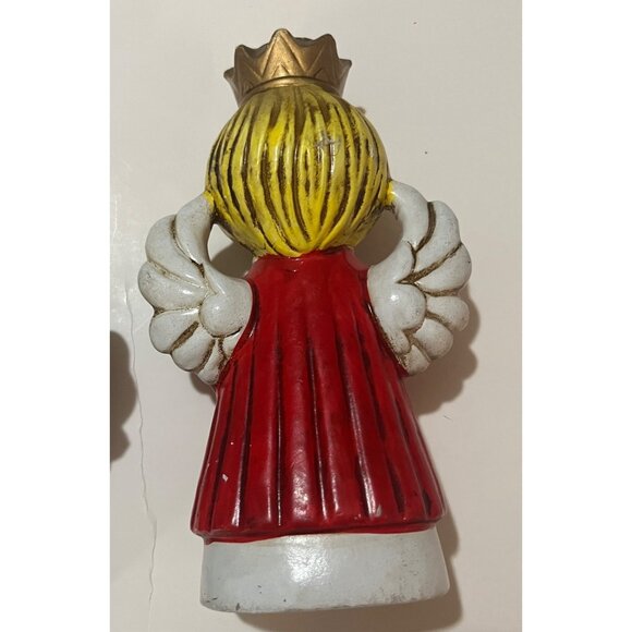 2 Homco  Angel Candleholders Red & Blue Dresses, Gold Crowns with Jewels 60-70's - Picture 3 of 11